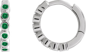 14K Gold Round Lab-Grown Emerald Hinged Hoop Earrings - White Gold