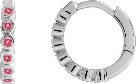 14K Gold Round Natural Pink Tourmaline Hinged Hoop Earrings - White Gold