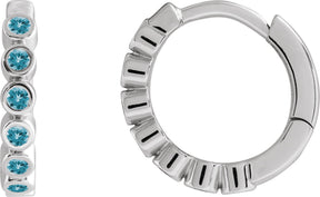 Platinum Round Natural Blue Zircon Hinged Hoop Earrings