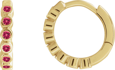 14K Gold Round Natural Ruby Hinged Hoop Earrings - Yellow Gold
