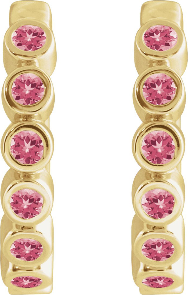 14K Gold Round Natural Pink Tourmaline Hinged Hoop Earrings - Yellow Gold - view 2
