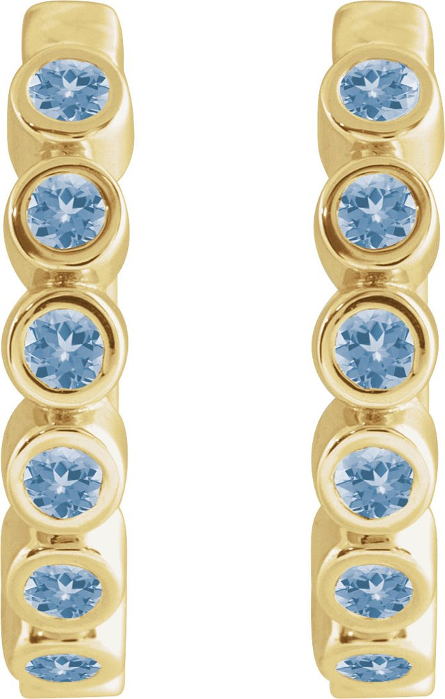14K Gold Round Natural Aquamarine Hinged Hoop Earrings - Yellow Gold - view 2