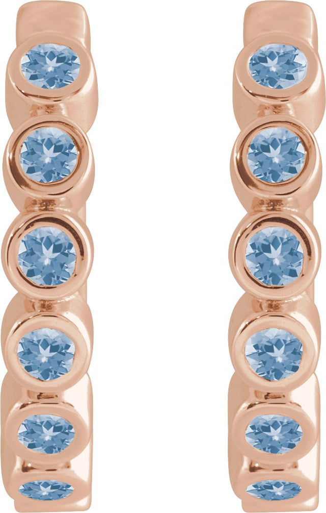 14K Gold Round Natural Aquamarine Hinged Hoop Earrings - Rose Gold - view 2