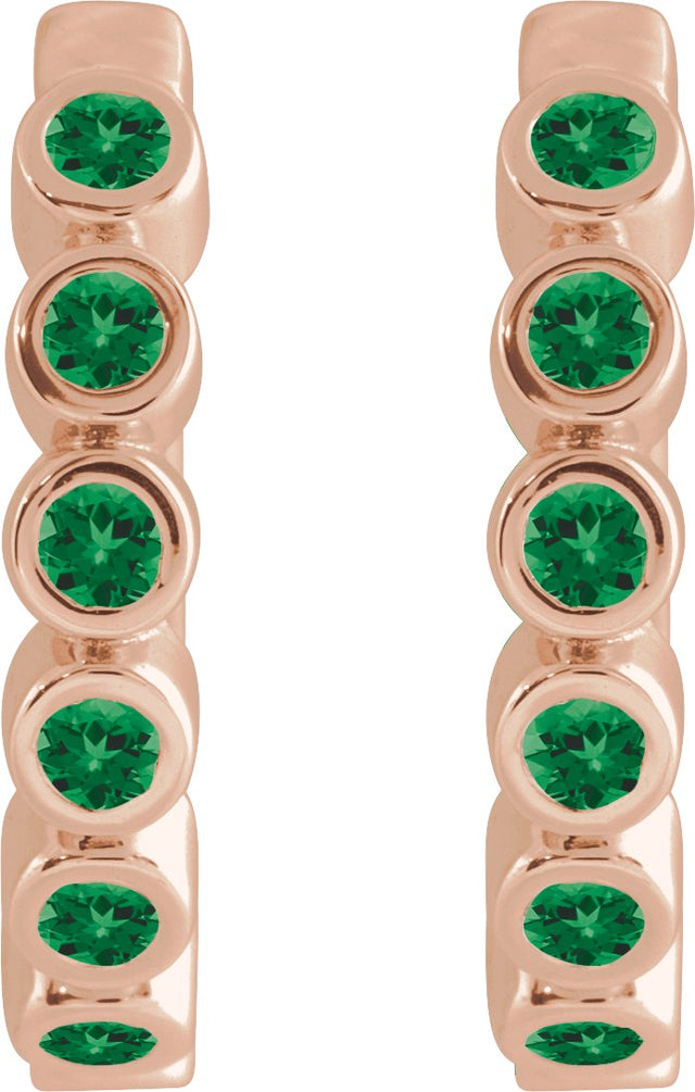 14K Gold Round Natural Emerald Hinged Hoop Earrings - Rose Gold - view 2