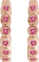 14K Gold Round Natural Pink Tourmaline Hinged Hoop Earrings - Rose Gold - view 2