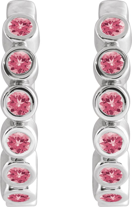 Platinum Round Natural Pink Tourmaline Hinged Hoop Earrings - view 2