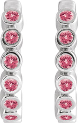 14K Gold Round Natural Pink Tourmaline Hinged Hoop Earrings - White Gold - view 2