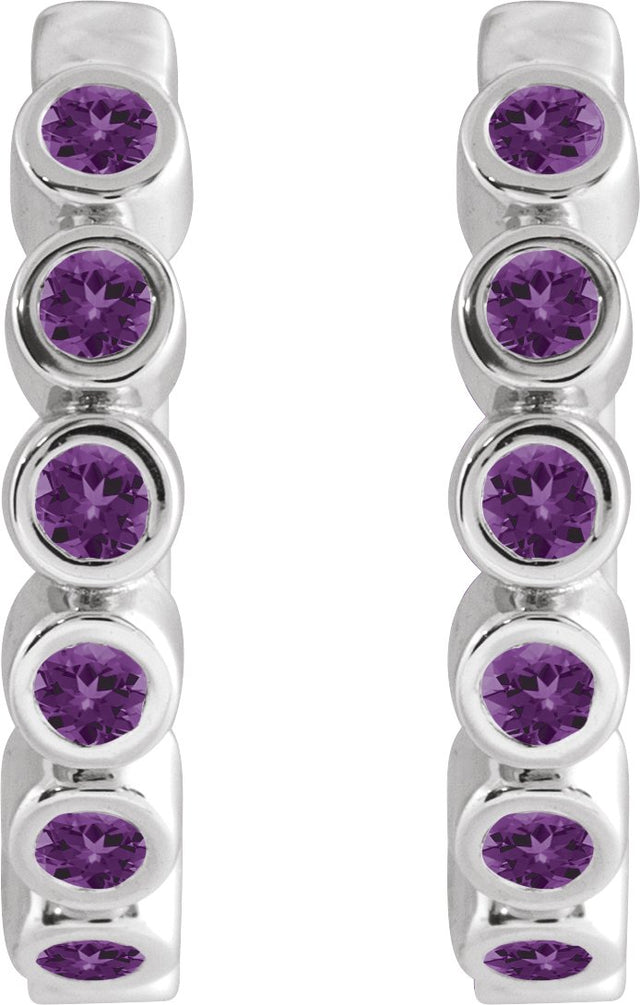 14K Gold Round Natural Amethyst Hinged Hoop Earrings - White Gold - view 2