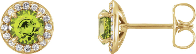 14K Gold Natural Peridot Round 4-Prong Halo-Style Earrings – 3.5-5mm Stones - Yellow Gold