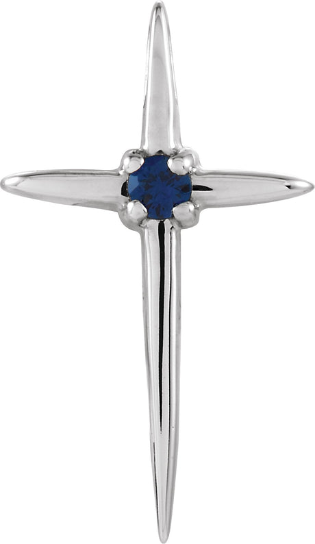 14K Gold Round Natural Blue Sapphire Solitaire Cross Pendant - White Gold