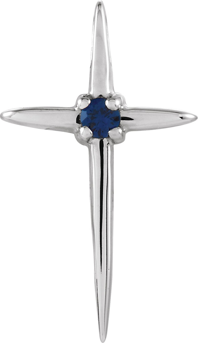 14K Gold Round Natural Blue Sapphire Solitaire Cross Pendant - White Gold