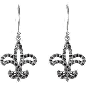 14K Gold Round Natural Black Diamond Fleur-de-lis Earrings - White Gold - view 2