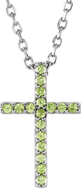 14K Gold Round Natural Peridot Petite Cross Necklace or Pendant II - White Gold