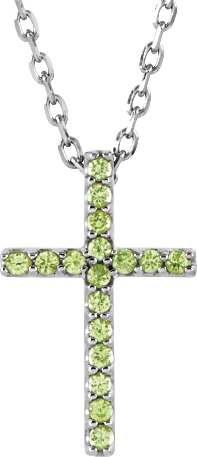14K Gold Round Natural Peridot Petite Cross Necklace or Pendant II - White Gold