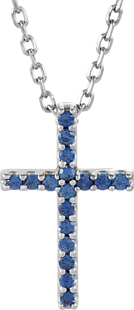 14K Gold Round Natural Blue Sapphire Petite Cross Necklace or Pendant - White Gold