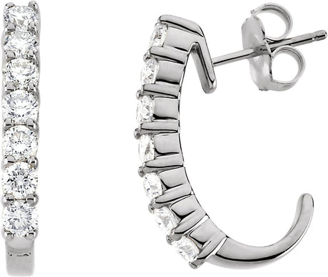 14K Gold Round Natural Diamond Accented J-Hoop Earrings - White Gold