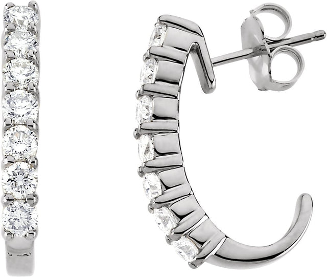 14K Gold Round Natural Diamond Accented J-Hoop Earrings - White Gold