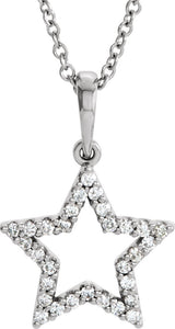 14K Gold Round Natural Diamond Accented Petite Star Necklace - White Gold