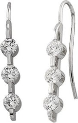 14K Gold Round Natural Diamond Three-Stone Bar Earrings