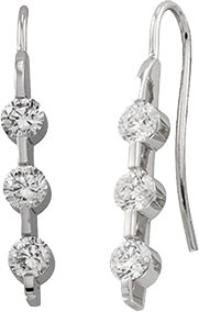 14K Gold Round Natural Diamond Three-Stone Bar Earrings