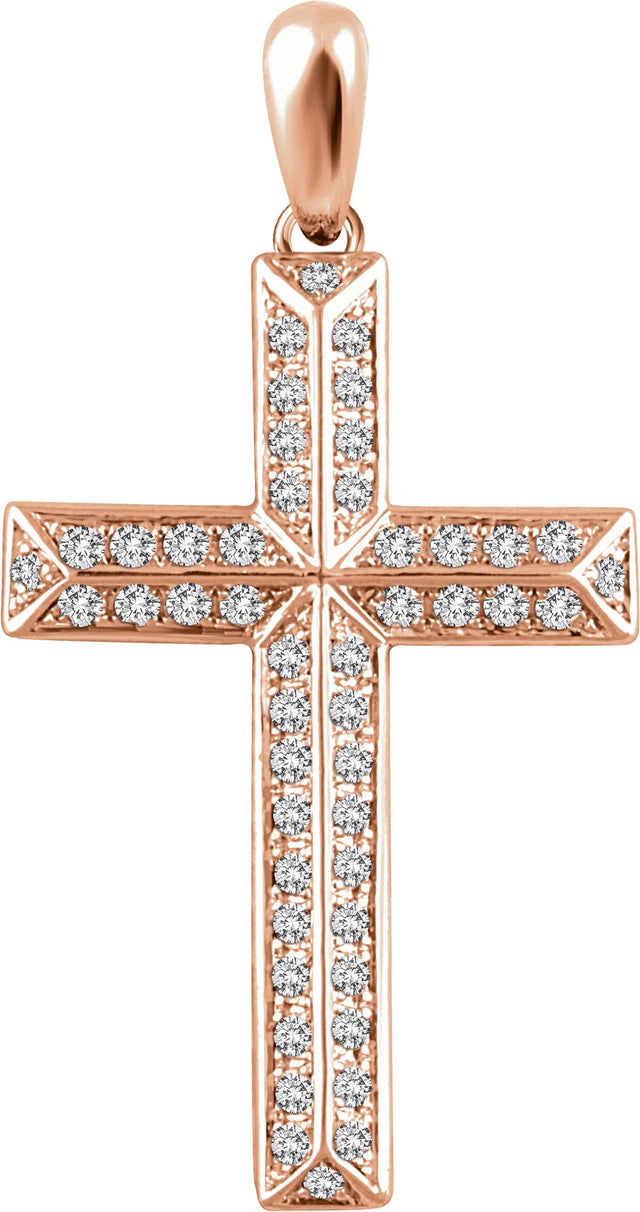 14K Gold Round Natural Diamond Cross Pendant - Rose Gold