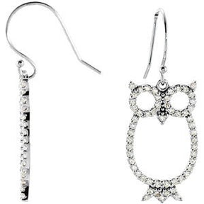 14K Gold Round Natural Diamond Accented Owl Earrings
