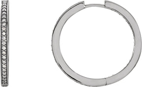14K Gold Round Natural Diamond Inside-Outside Hoop Earrings – 1mm Stones - White Gold