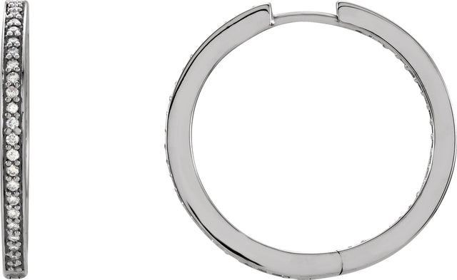 14K Gold Round Natural Diamond Inside-Outside Hoop Earrings – 1mm Stones - White Gold