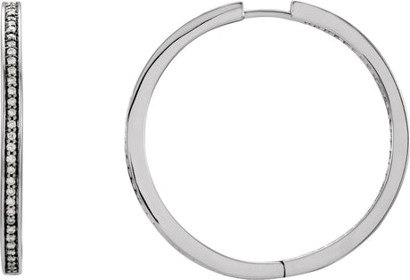 14K Gold Round Natural Diamond Inside-Outside Hoop Earrings – 1mm Stones - White Gold