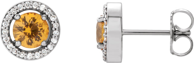 14K Gold Round Natural Yellow Sapphire Halo-Style Earrings - White Gold