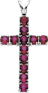 14K Gold Round Natural Ruby Accented Cross Pendant II - White Gold