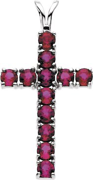 14K Gold Round Natural Ruby Accented Cross Pendant II - White Gold