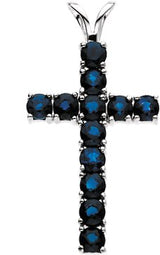 14K Gold Round Natural Blue Sapphire Accented Cross Pendant II - White Gold