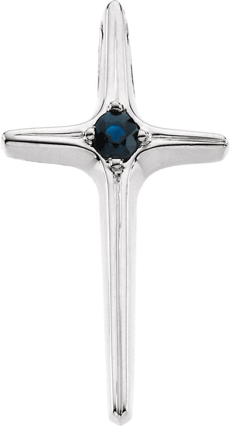 14K Gold Round Natural Blue Sapphire Solitaire Cross Pendant II - White Gold