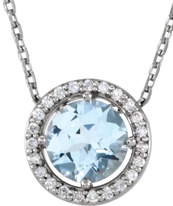 14K Gold Round Natural Aquamarine Halo-Style Necklace or Pendant - White Gold