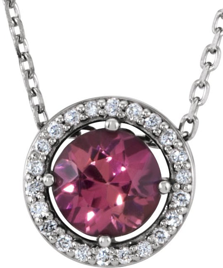 Platinum Round Natural Pink Tourmaline Halo-Style Necklace or Pendant