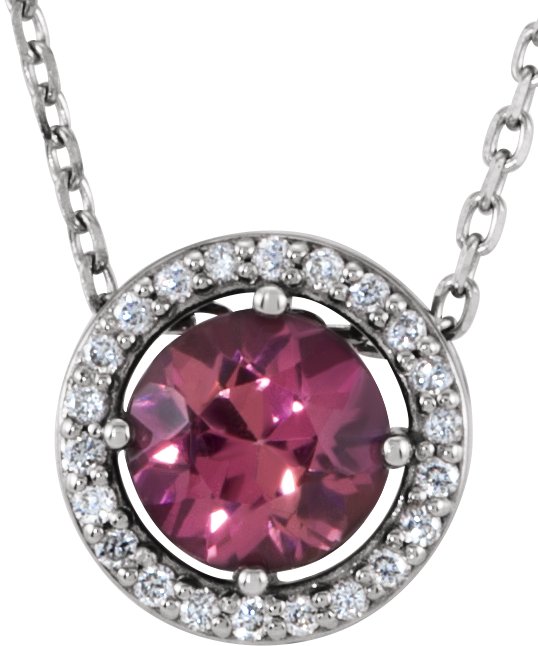 Platinum Round Natural Pink Tourmaline Halo-Style Necklace or Pendant