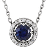 14K Gold Round Lab-Grown Blue Sapphire Halo-Style Necklace or Pendant - White Gold