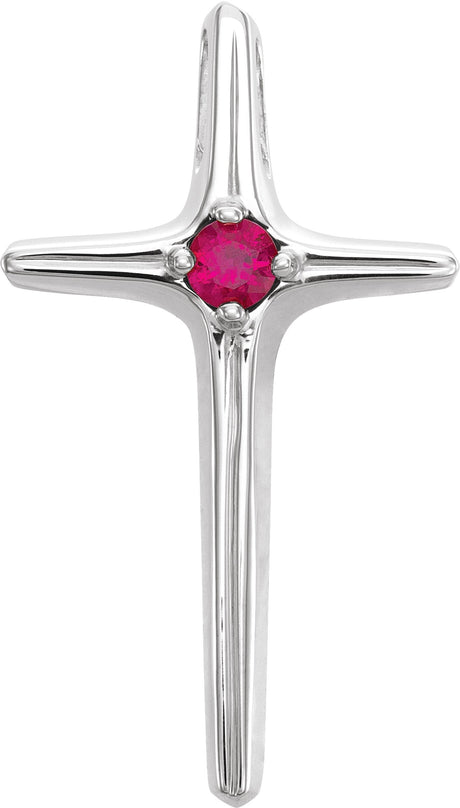 14K Gold Round Natural Ruby Solitaire Cross Pendant II - White Gold