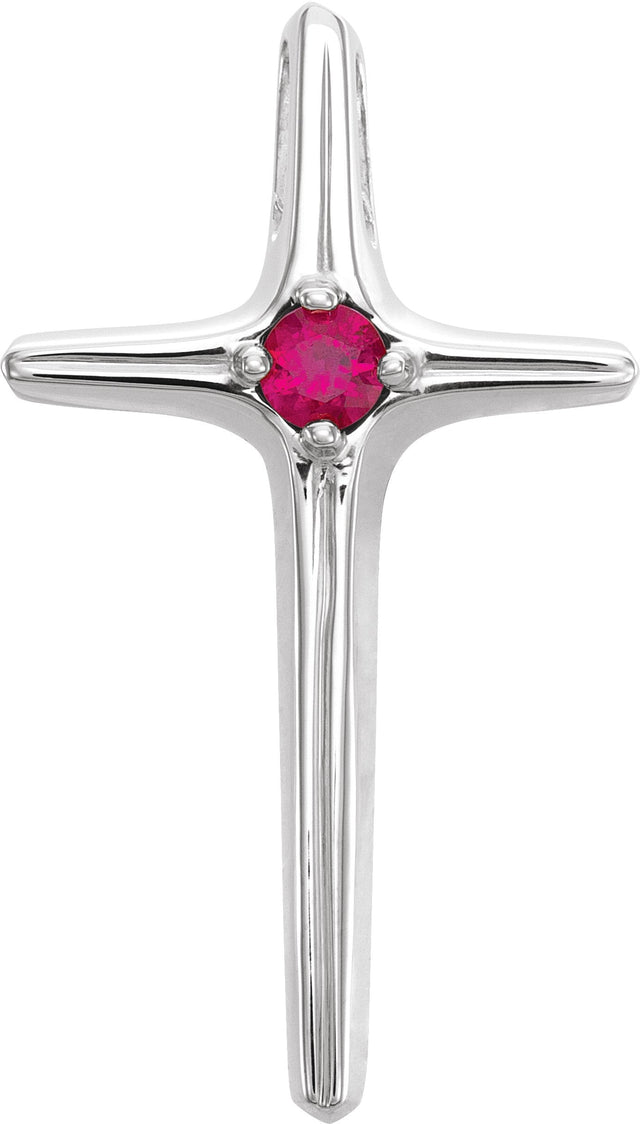 14K Gold Round Natural Ruby Solitaire Cross Pendant II - White Gold