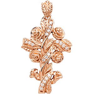 14K Gold Round Natural Diamond Floral-Inspired Cross Pendant – 1/8 CTW - Rose Gold