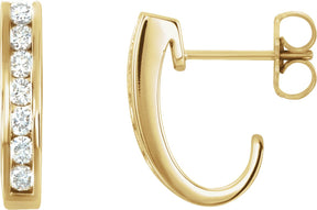 14K Gold Round Natural Diamond Channel-Set J-Hoop Earrings – 2mm Stones - Yellow Gold