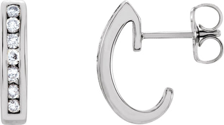 14K Gold Round Natural Diamond Channel-Set J-Hoop Earrings - White Gold