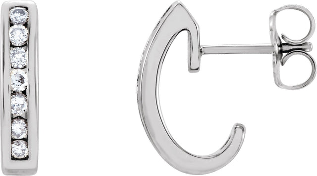 14K Gold Round Natural Diamond Channel-Set J-Hoop Earrings - White Gold