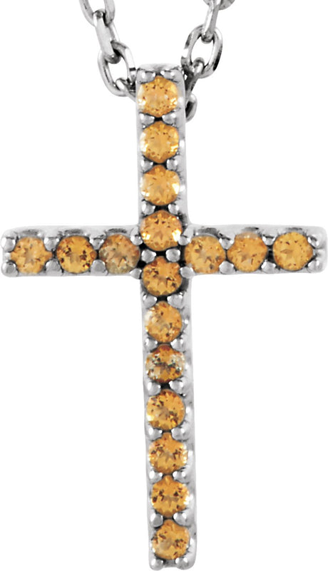 14K Gold Round Natural Yellow Sapphire Petite Cross Necklace or Pendant - White Gold