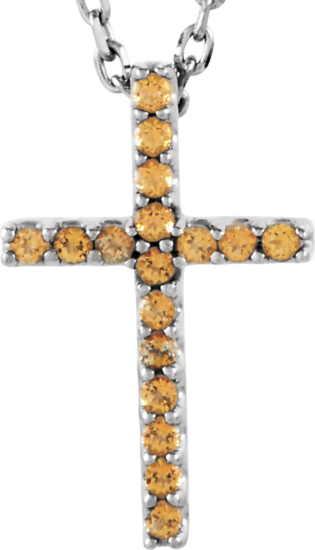 14K Gold Round Natural Yellow Sapphire Petite Cross Necklace or Pendant - White Gold