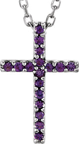 14K Gold Round Natural Amethyst Petite Cross Necklace or Pendant - White Gold