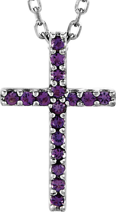 14K Gold Round Natural Amethyst Petite Cross Necklace or Pendant - White Gold