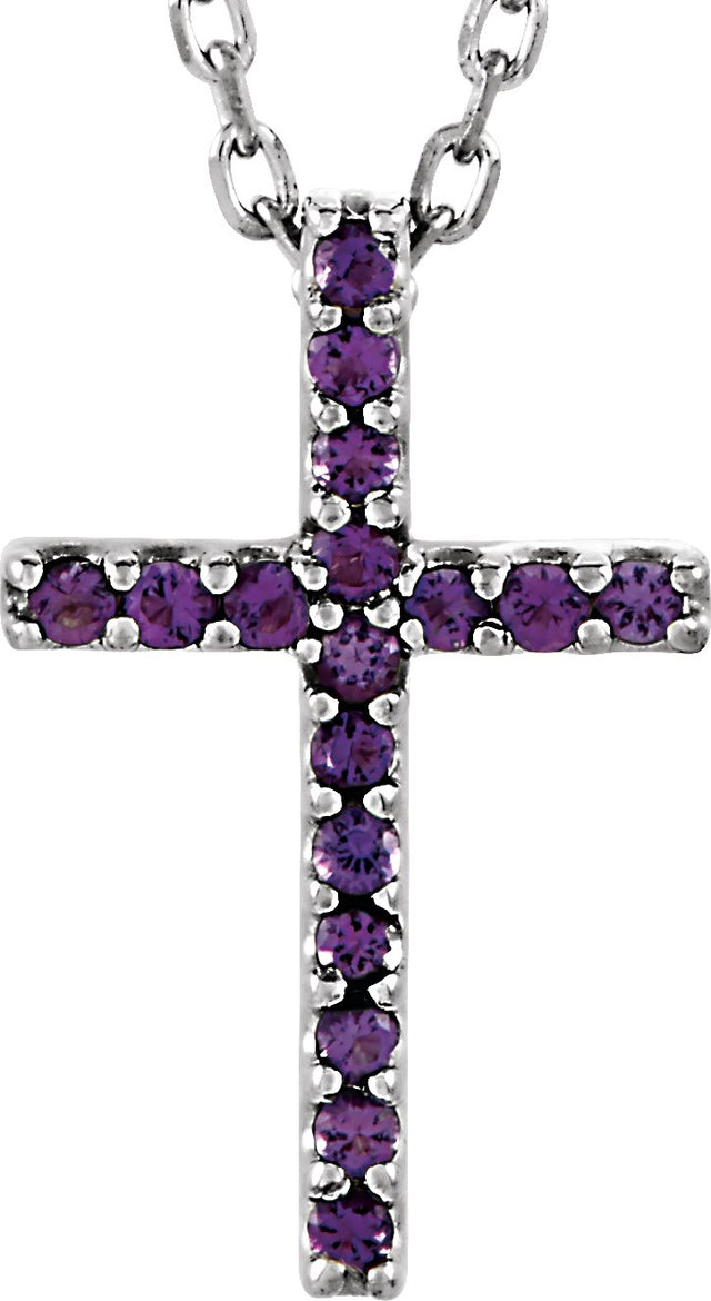 14K Gold Round Natural Amethyst Petite Cross Necklace or Pendant - White Gold