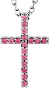 14K Gold Round Natural Pink Tourmaline Petite Cross Necklace or Pendant - White Gold